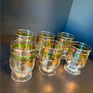 Set of 6 Vintage Footed Cordial Glasses Green Band Gold Mid Century Barware
